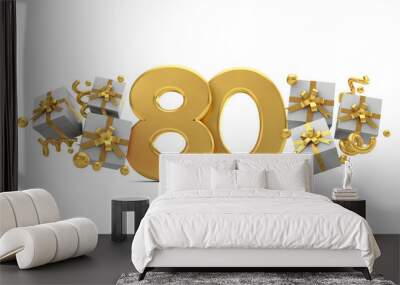 Number 80 gold birthday celebration number with gift boxes. 3D Rendering Wall mural