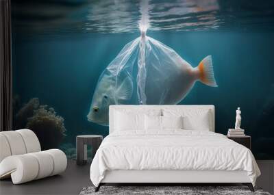 Ocean plastic pollution. A fish with plastic bag in the ocean. Generative ai Wall mural