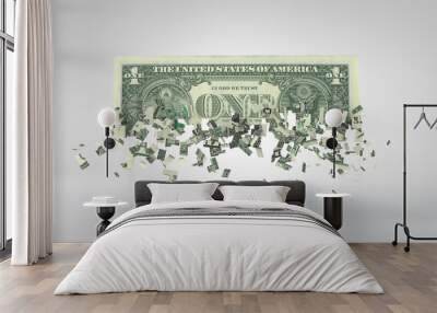 One dollar bill breaking into pieces. Inflation and recession concept. 3D Rendering Wall mural