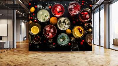 Overhead top down view of christmas cocktails on a bar Wall mural