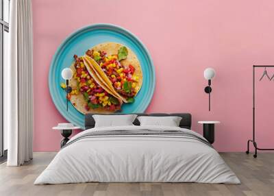 Overhead view of a plate of fresh mexican tacos on a bright color background Wall mural