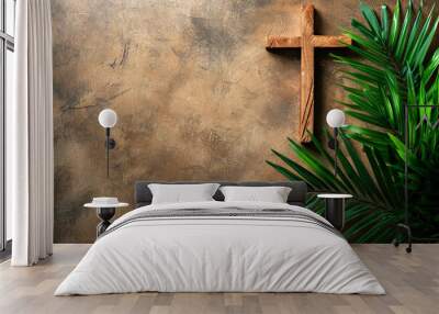 overhead view of a religious cross with palm leaves. Easter palm sunday background Wall mural