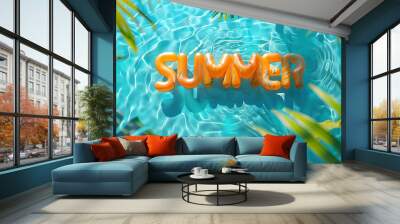 Overhead view of a swimming pool with the word Summer written from inflatable pool floats Wall mural