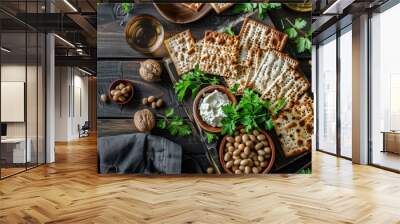 Overhead view of a traditional matzah bread a food eaten during passover Wall mural