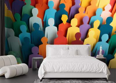 Paper cut out of a large crowd of people standing together. Diverse community and teamwork concept Wall mural