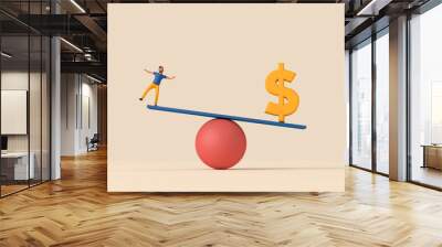 person balancing on a seesaw with a dollar finance money symbol. 3d rendering Wall mural