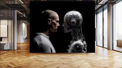 Person looking at a robotic Artificial intelligence version of themselves. Deep fake. Generative ai Wall mural