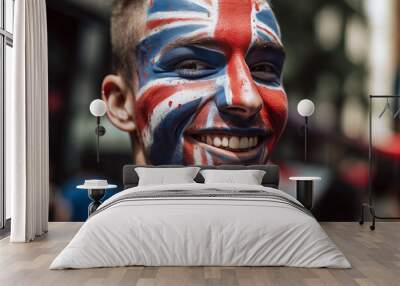 Portrait of a happy man with her face painted in Union jack Great britain flag. Generative ai Wall mural