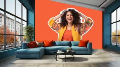 Portrait of a happy woman. Cut out style on a bright background Wall mural