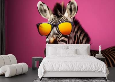 Portrait of a trendy zebra wearing cool sunglasses. Summer holiday concept. Generative ai Wall mural