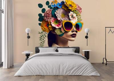 Portrait of a woman with lots of flowers. Abstract trendy art paper collage design. Generative ai Wall mural