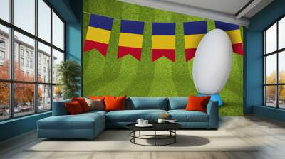 Romania flag bunting with a rugby ball and pitch. 3D Rendering Wall mural