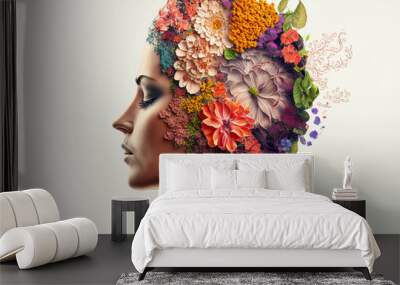 Side profile of a beautiful woman double exposure with spring flowing flowers. Generative ai Wall mural