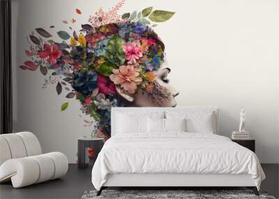 Side profile of a beautiful woman double exposure with spring flowing flowers. Generative ai Wall mural