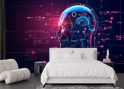 Side profile of a futuristic artificial intelligence computer head with glowing lines and data Wall mural