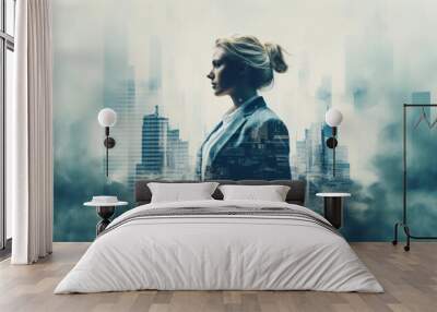 Silhouette of a female businesswoman double exposure against an urban city background Wall mural