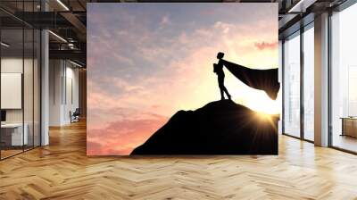 Silhouette of a superhero business woman wearing a cape against a bright sky. 3D Rendering Wall mural