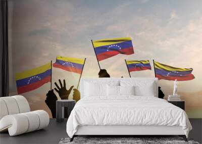 Silhouette of arms raised waving a Venezuela flag with pride. 3D Rendering Wall mural