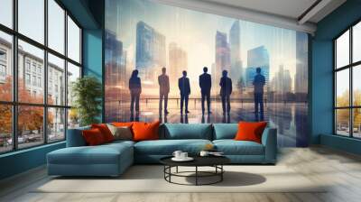 Silhouette of business people stood against a modern city skyline. Modern business team Wall mural