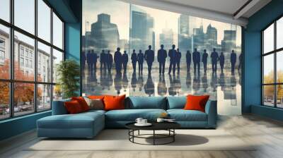 Silhouette of business people stood against a modern city skyline. Modern business team Wall mural