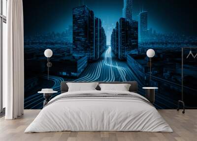 Smart city and technology connection concept. City with blue glowing lines. Generative ai Wall mural