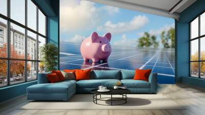 Solar energy money saving. A piggy bank money box on a solar energy panel Wall mural