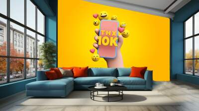 Thanks 10k social media supporters. cartoon hand and smartphone. 3D Render. Wall mural