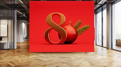 The 12 days of christmas. 8th day festive background gold lettering with bauble. 3D Rendering Wall mural