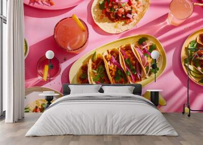 Top down view of a table full of Mexican tacos with lots of side dishes and sauces Wall mural