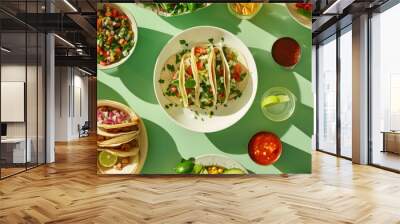 Top down view of a table full of Mexican tacos with lots of side dishes and sauces Wall mural