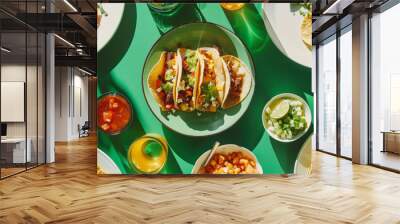 Top down view of a table full of Mexican tacos with lots of side dishes and sauces Wall mural