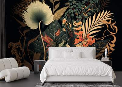 Tropical art nouveu, art deco leaf print design. Generative ai Wall mural