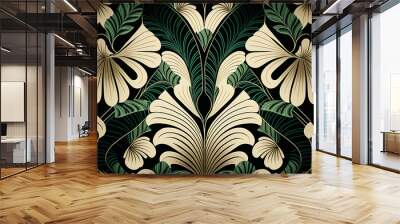 Tropical art nouveu, art deco leaf print design. Generative ai Wall mural