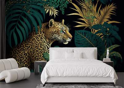 Tropical art nouveu, art deco print design with leaves and leopard. Generative ai Wall mural