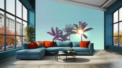 Tropical palm tree silhouette against bright sunlight. 3d rendering Wall mural