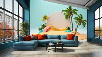 Tropical product placement podium stage with summer beach palm tree. Generative ai Wall mural