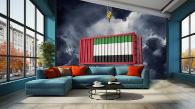 uae trade cargo container hanging against dark clouds. 3d render Wall mural