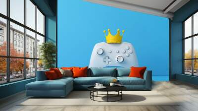 Video game king. Game controller wearing a crown. Winning gamer concept. 3D Rendering Wall mural