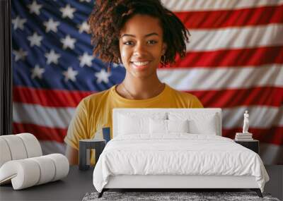 young Black female USA American election voter portrait in front of American flag Wall mural