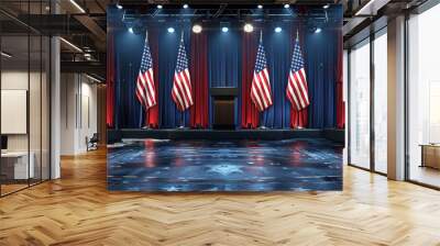 A well-lit stage in a dark auditorium adorned with multiple American flags, featuring a central podium under spotlight, ideal for political events and speeches. Wall mural