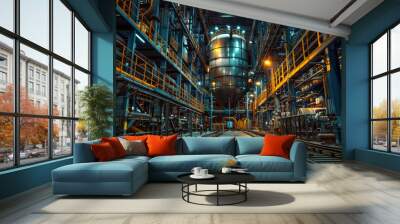 Nighttime view of an industrial plant interior with metallic structures and a central cylindrical tank Wall mural