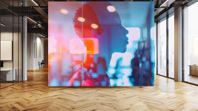 Older adult in physical therapy session close up, focus on, copy space with colorful lighting, double exposure silhouette with therapy tools Wall mural