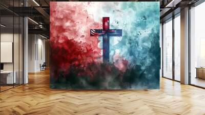 Patriotic abstract cross with U.S. flag colors, symbolizing faith, patriotism, and national pride. Red and blue watercolor background. Wall mural