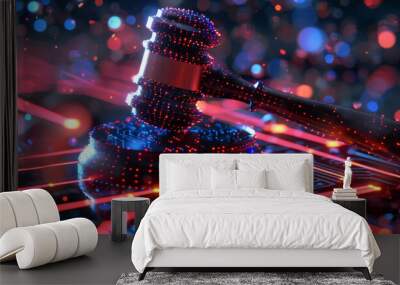 Stylized digital rendering of a judge's gavel in a vibrant, futuristic circuitry landscape with neon lighting Wall mural