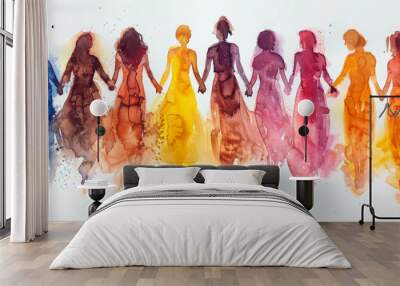 Vibrant watercolor painting of diverse women holding hands across colorful, splattered background Wall mural