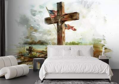 Watercolor painting of a rustic wooden cross with American flag, symbolizing faith, patriotism, and remembrance. Peaceful rural scene. Wall mural