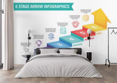 3D arrow infographic vector illustration. 6 steps business process concept. Wall mural