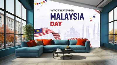 Malaysia Flag Waving On Skyline Background. Independence Day Concept Design Vector Illustration. Wall mural