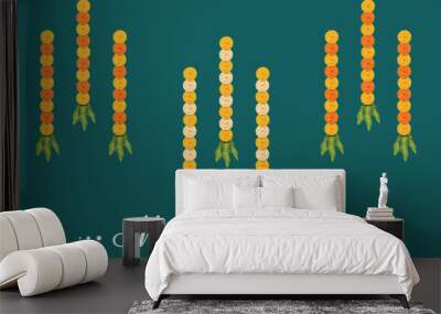 Marigold Flower Garland And Mango Leaves Hanging On Auspicious Traditional Hindu Festival. Vector Illustration for Festive Elements Wall mural