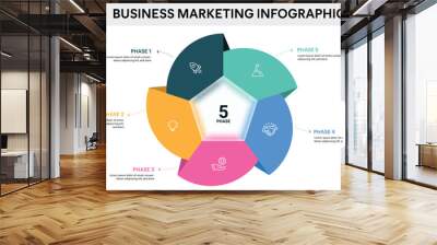 Origami style pie chart pentagon infographic template with 5 options, steps, parts, segments. Business concept. marketing infographic vector illustration. Wall mural